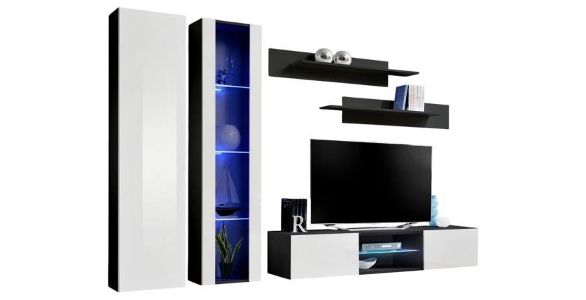 Ensemble Meuble TV FLY O4 avec LED. Coloris noir et blanc. Meuble suspendu design pour votre salon.