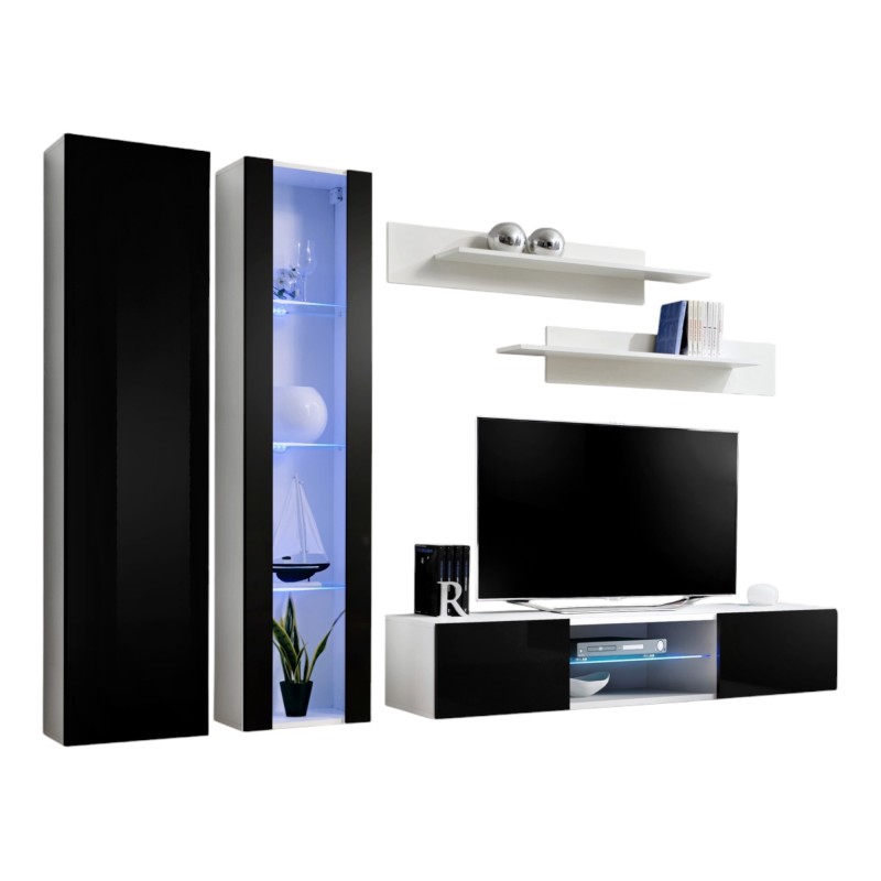 Ensemble Meuble TV FLY O4 avec LED. Coloris blanc et noir. Meuble suspendu design pour votre salon.
