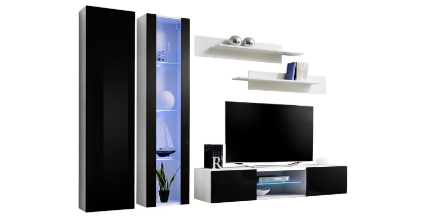 Ensemble Meuble TV FLY O4 avec LED. Coloris blanc et noir. Meuble suspendu design pour votre salon.
