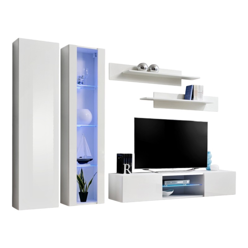 Ensemble Meuble TV FLY O4 avec LED. Coloris blanc. Meuble suspendu design pour votre salon.