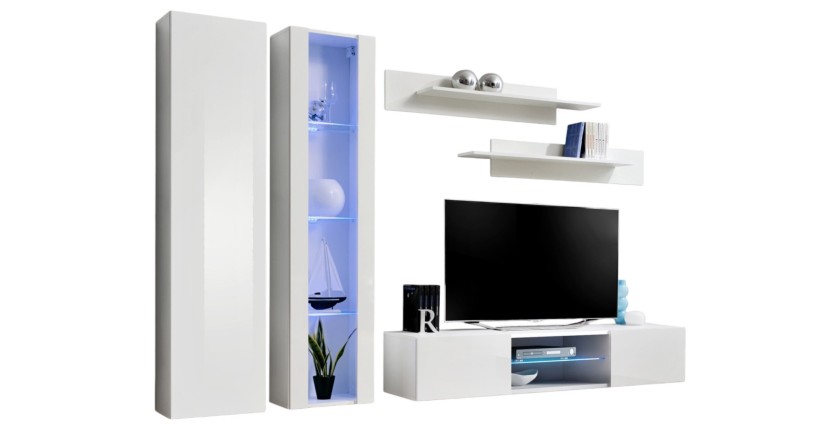 Ensemble Meuble TV FLY O4 avec LED. Coloris blanc. Meuble suspendu design pour votre salon.