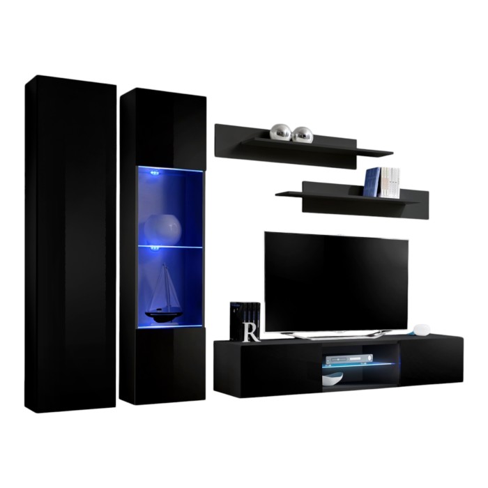 Ensemble Meuble TV FLY O5 avec LED. Coloris noir. Meuble suspendu design pour votre salon.