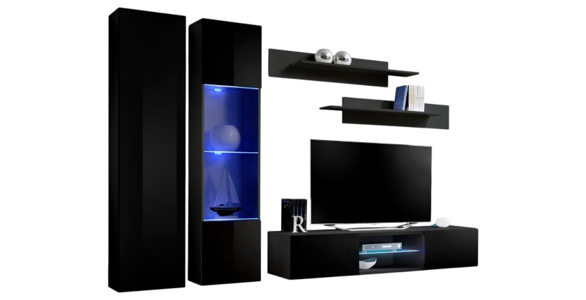 Ensemble Meuble TV FLY O5 avec LED. Coloris noir. Meuble suspendu design pour votre salon.