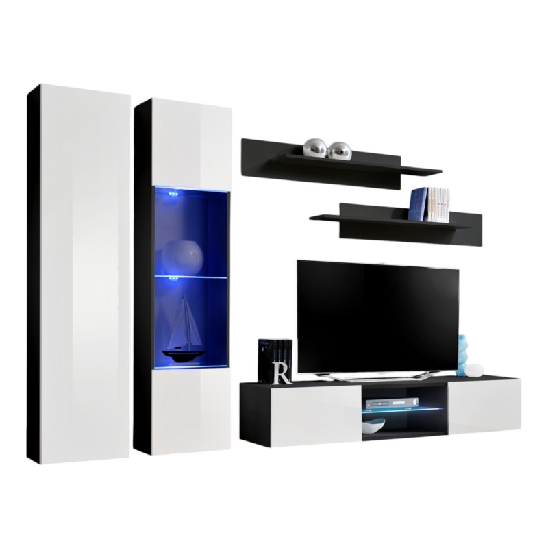 Ensemble Meuble TV FLY O5 avec LED. Coloris noir et blanc. Meuble suspendu design pour votre salon.