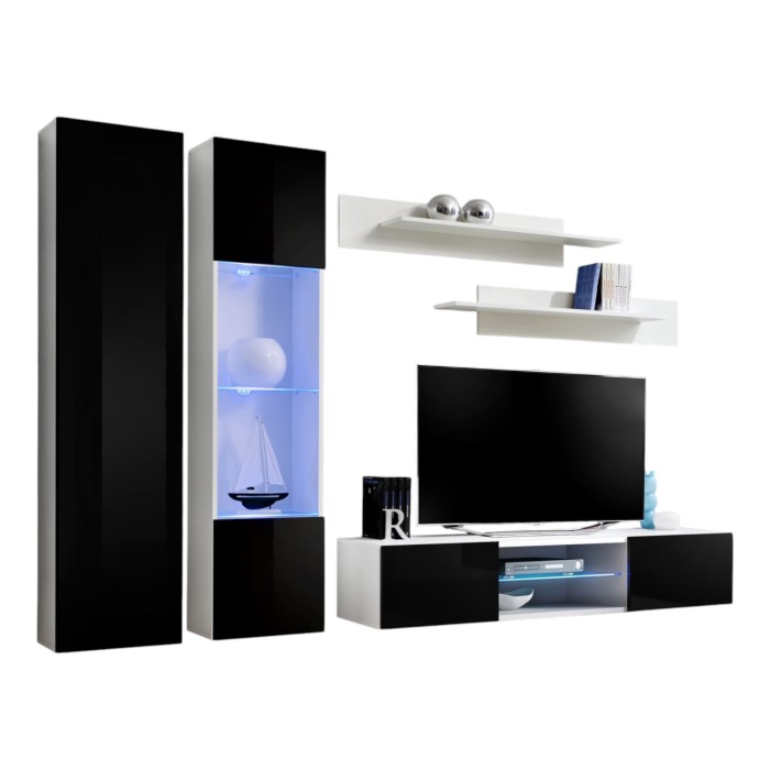 Ensemble Meuble TV FLY O5 avec LED. Coloris blanc et noir. Meuble suspendu design pour votre salon.