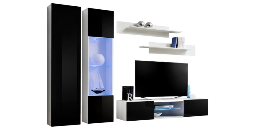 Ensemble Meuble TV FLY O5 avec LED. Coloris blanc et noir. Meuble suspendu design pour votre salon.