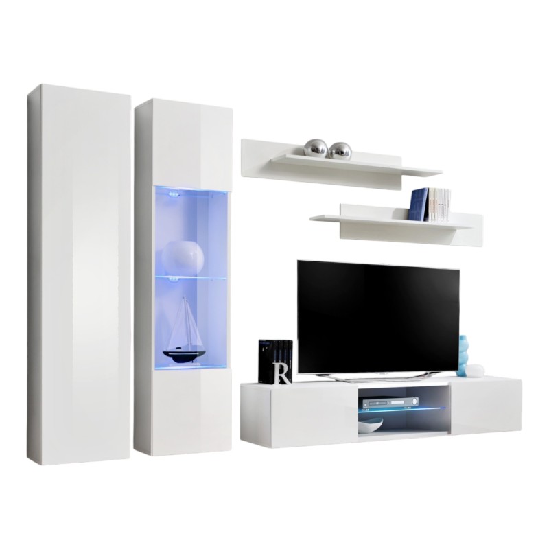 Ensemble Meuble TV FLY O5 avec LED. Coloris blanc. Meuble suspendu design pour votre salon.