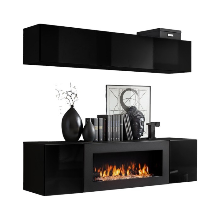 Meubles suspendus avec cheminée décorative collection FLY N1. Coloris noir.