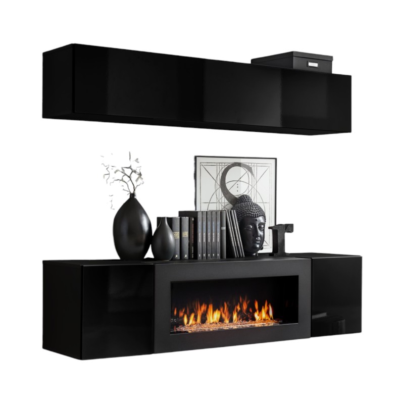 Meubles suspendus avec cheminée décorative collection FLY N1. Coloris noir.
