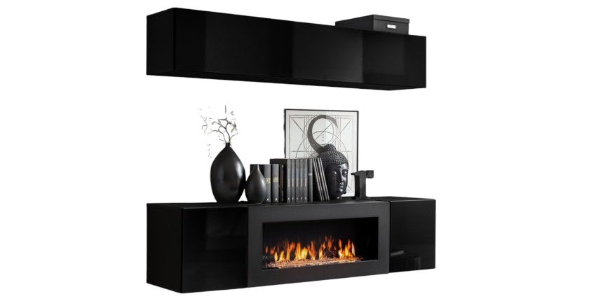 Meubles suspendus avec cheminée décorative collection FLY N1. Coloris noir.