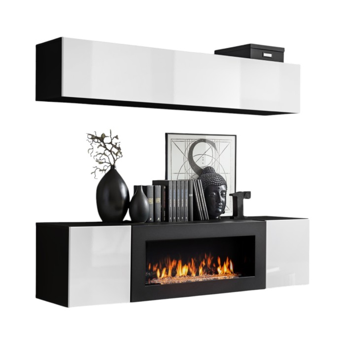 Meubles suspendus avec cheminée décorative collection FLY N1. Coloris noir et blanc