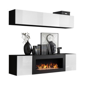 Meubles suspendus avec cheminée décorative collection FLY N1. Coloris noir et blanc