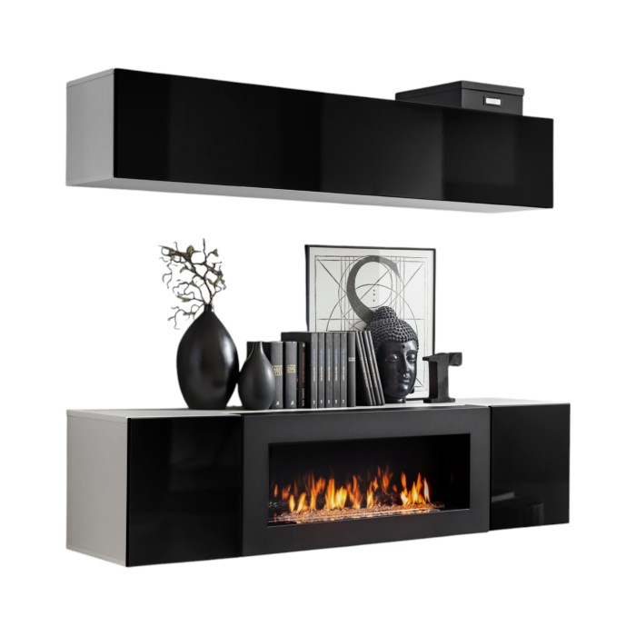 Meubles suspendus avec cheminée décorative collection FLY N1. Coloris blanc et noir.