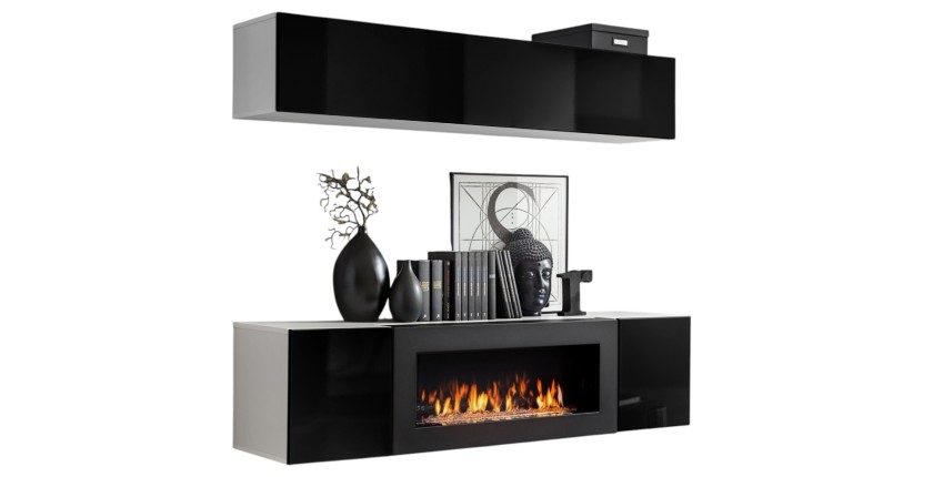 Meubles suspendus avec cheminée décorative collection FLY N1. Coloris blanc et noir.