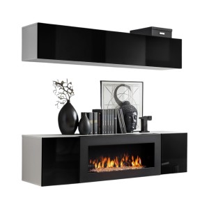 Meubles suspendus avec cheminée décorative collection FLY N1. Coloris blanc et noir.