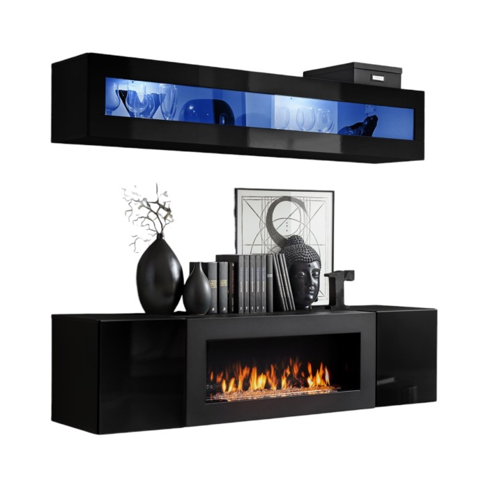 Meubles suspendus avec cheminée décorative collection FLY N2. Coloris noir.