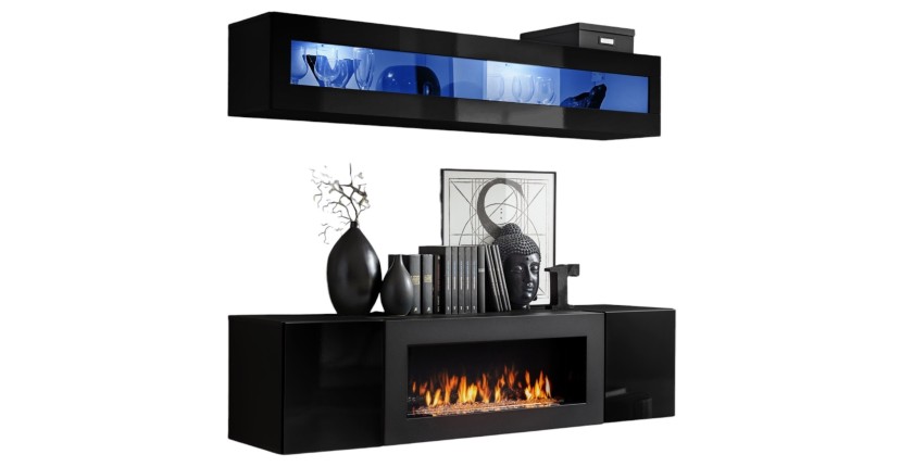 Meubles suspendus avec cheminée décorative collection FLY N2. Coloris noir.