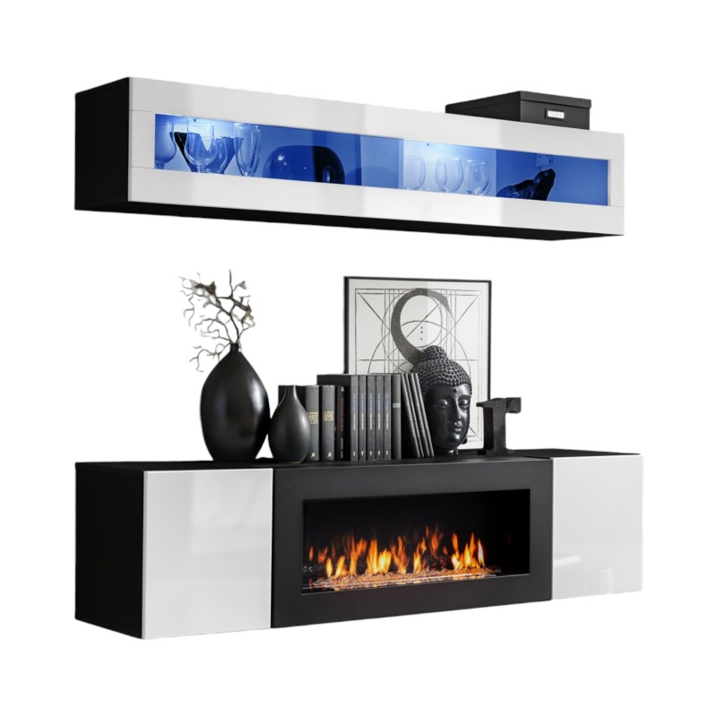 Meubles suspendus avec cheminée décorative collection FLY N2. Coloris blanc et noir.