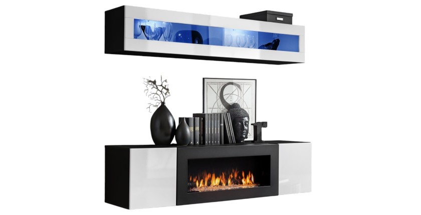 Meubles suspendus avec cheminée décorative collection FLY N2. Coloris blanc et noir.
