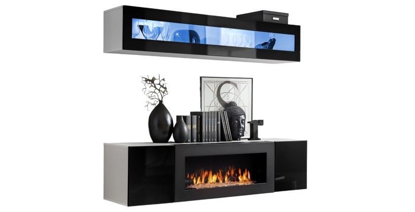 Meubles suspendus avec cheminée décorative collection FLY N2. Coloris blanc et noir.