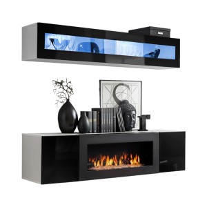 Meubles suspendus avec cheminée décorative collection FLY N2. Coloris blanc et noir.