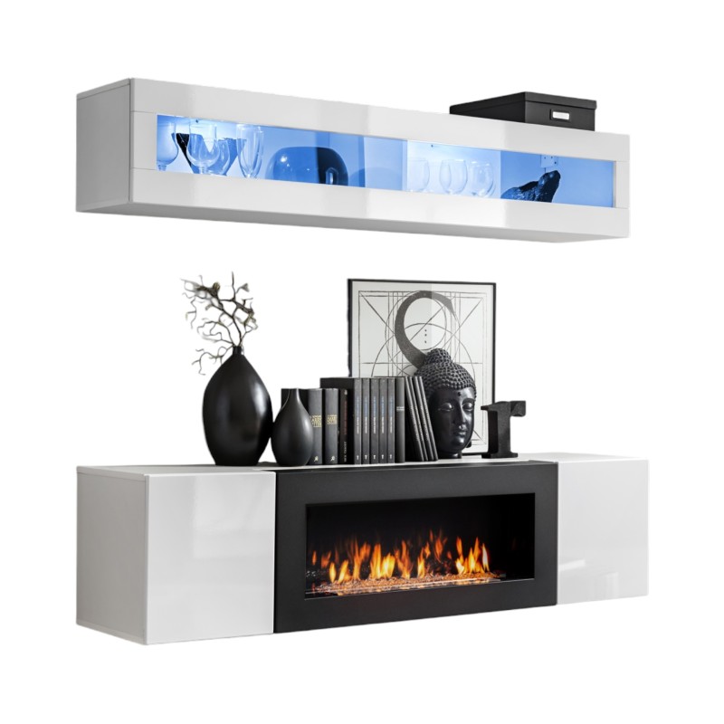 Meubles suspendus avec cheminée décorative collection FLY N2. Coloris blanc.