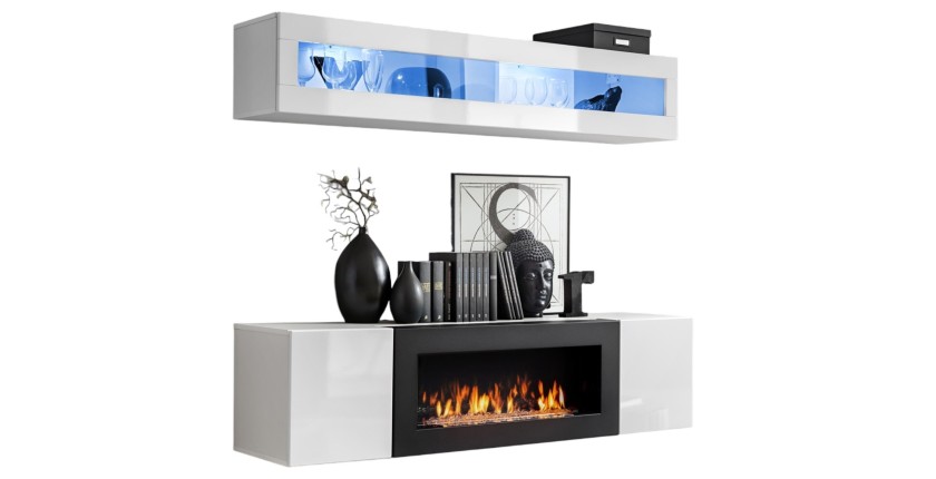 Meubles suspendus avec cheminée décorative collection FLY N2. Coloris blanc.