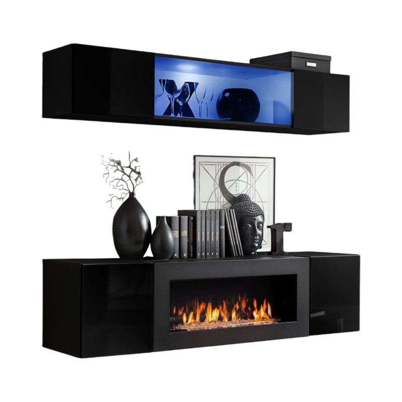 Meubles suspendus avec cheminée décorative collection FLY N3. Coloris noir.