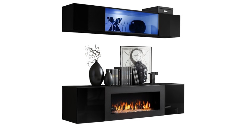 Meubles suspendus avec cheminée décorative collection FLY N3. Coloris noir.