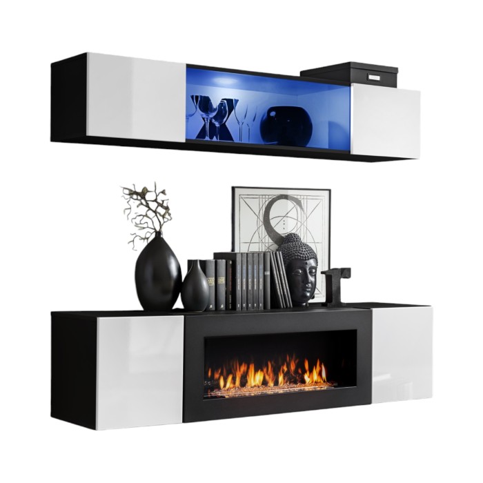 Meubles suspendus avec cheminée décorative collection FLY N3. Coloris noir et blanc.