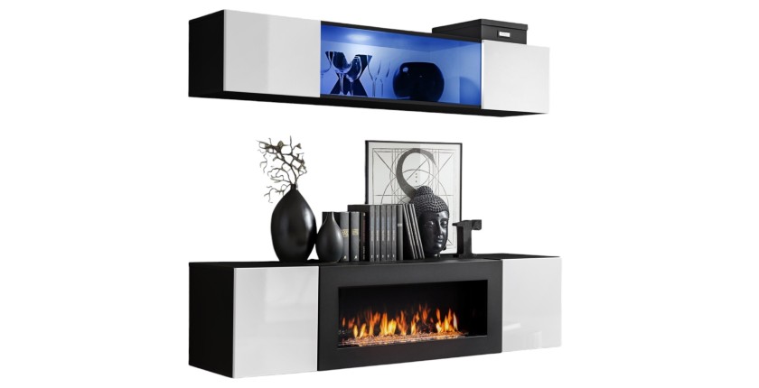 Meubles suspendus avec cheminée décorative collection FLY N3. Coloris noir et blanc.