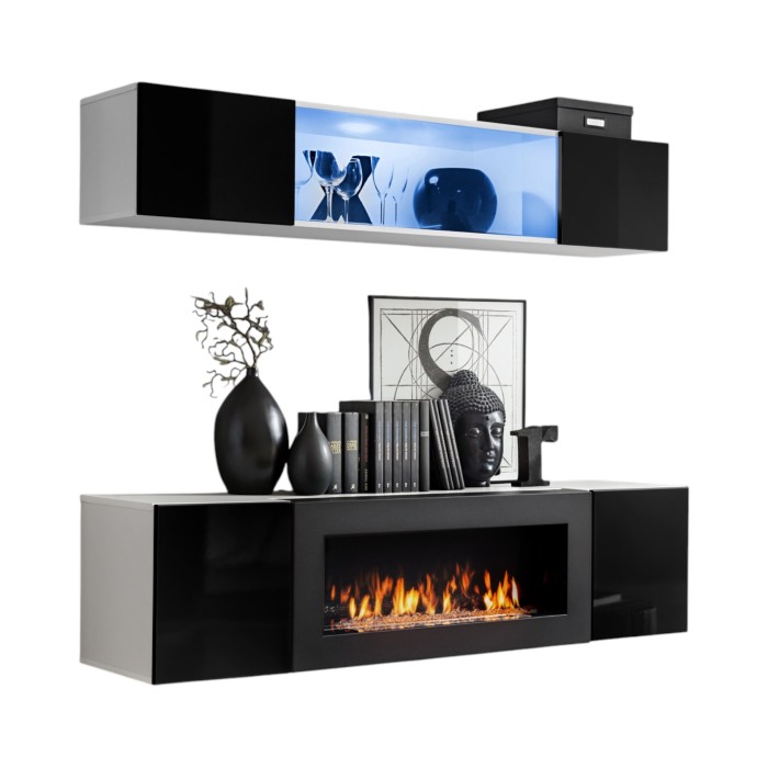 Meubles suspendus avec cheminée décorative collection FLY N3. Coloris blanc et noir.