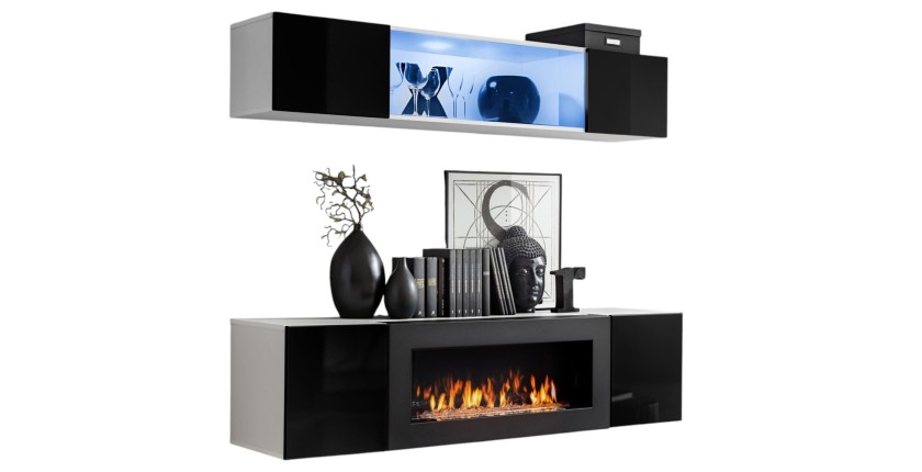 Meubles suspendus avec cheminée décorative collection FLY N3. Coloris blanc et noir.