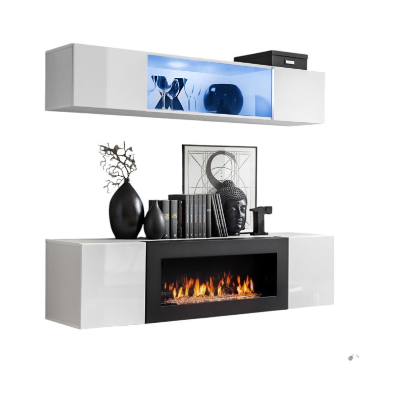 Meubles suspendus avec cheminée décorative collection FLY N3. Coloris blanc.