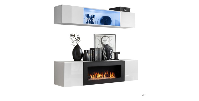 Meubles suspendus avec cheminée décorative collection FLY N3. Coloris blanc.