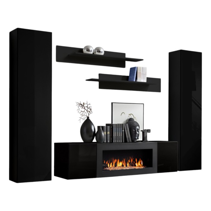 Ensemble de meubles suspendus avec cheminée décorative collection FLY M1. Coloris noir.