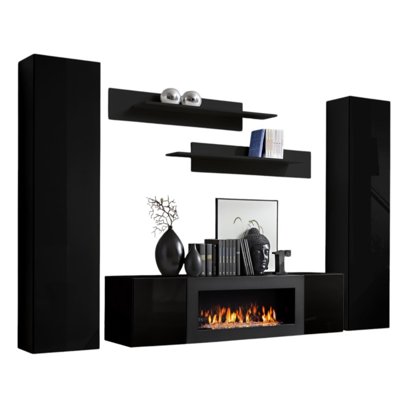 Ensemble de meubles suspendus avec cheminée décorative collection FLY M1. Coloris noir.