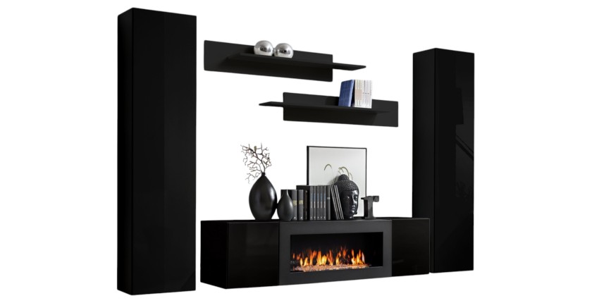 Ensemble de meubles suspendus avec cheminée décorative collection FLY M1. Coloris noir.