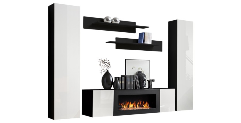 Ensemble de meubles suspendus avec cheminée décorative collection FLY M1. Coloris noir et blanc.