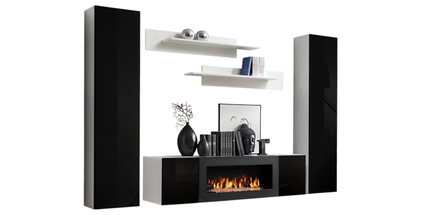 Ensemble de meubles suspendus avec cheminée décorative collection FLY M1. Coloris blanc et noir.
