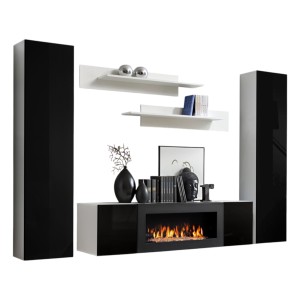 Ensemble de meubles suspendus avec cheminée décorative collection FLY M1. Coloris blanc et noir.