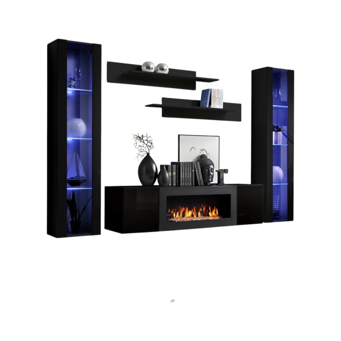Ensemble de meubles suspendus avec cheminée décorative collection FLY M2. Coloris noir.