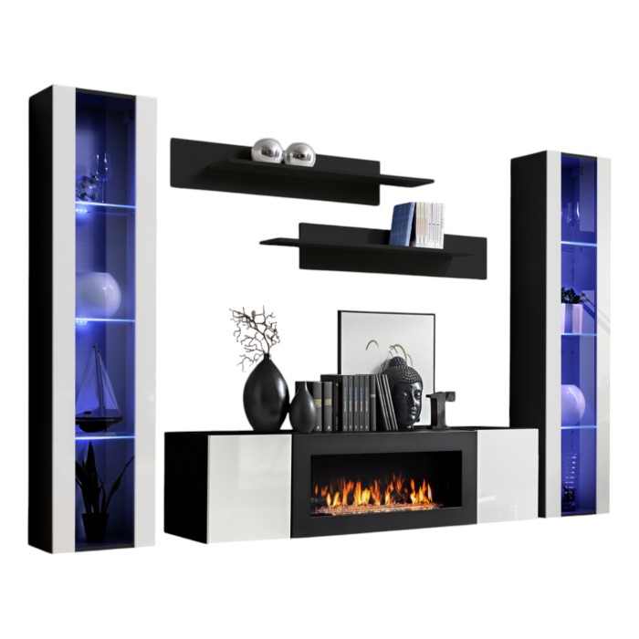 Ensemble de meubles suspendus avec cheminée décorative collection FLY M2. Coloris noir et blanc