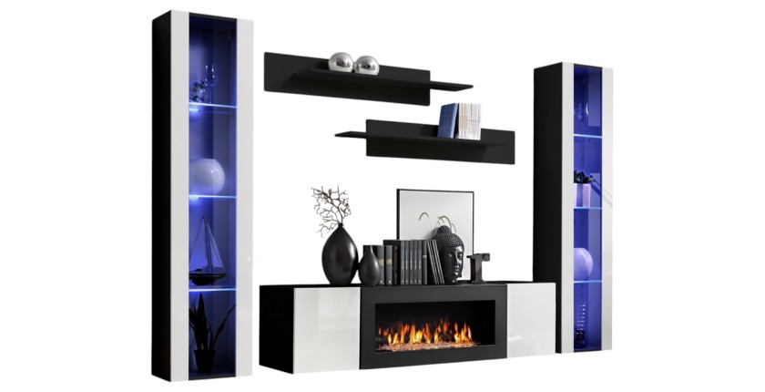 Ensemble de meubles suspendus avec cheminée décorative collection FLY M2. Coloris noir et blanc