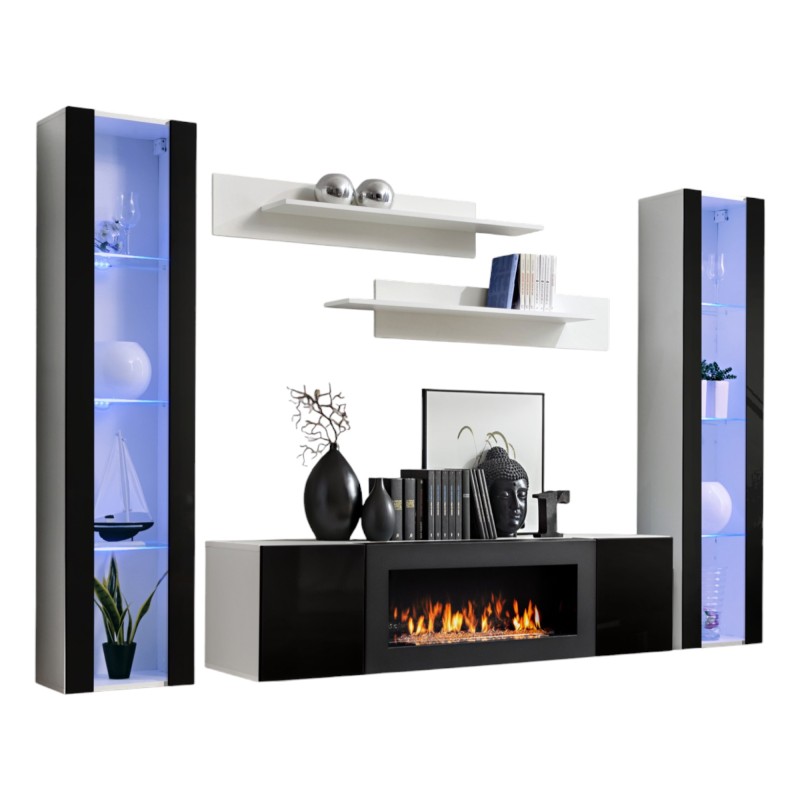 Ensemble de meubles suspendus avec cheminée décorative collection FLY M2. Coloris blanc. et noir