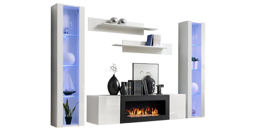 Ensemble de meubles suspendus avec cheminée décorative collection FLY M2. Coloris blanc.