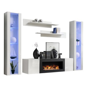 Ensemble de meubles suspendus avec cheminée décorative collection FLY M2. Coloris blanc.