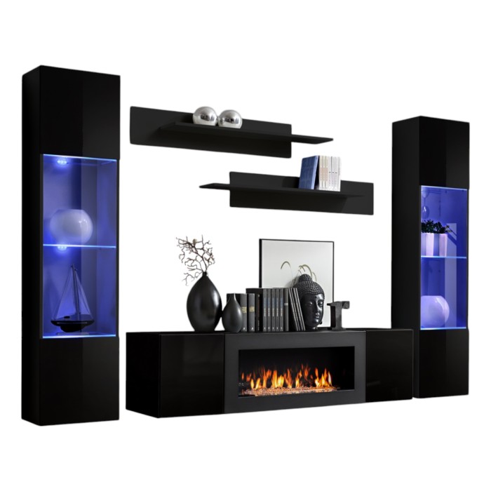 Ensemble de meubles suspendus avec cheminée décorative collection FLY M3. Coloris noir.