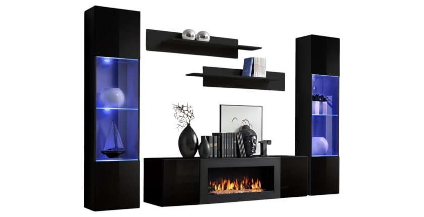 Ensemble de meubles suspendus avec cheminée décorative collection FLY M3. Coloris noir.