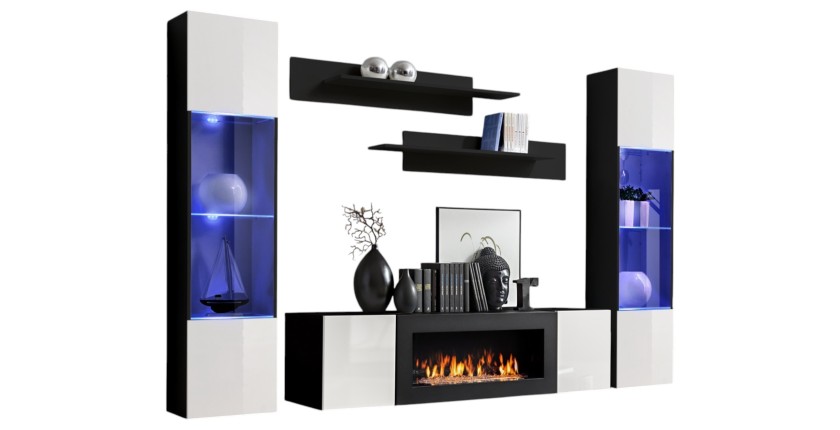 Ensemble de meubles suspendus avec cheminée décorative collection FLY M3. Coloris noir et blanc.